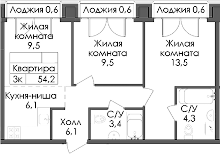 2-комнатная квартира 54.2 м², 9/9 эт., ЖК «Лермонтовский 54»